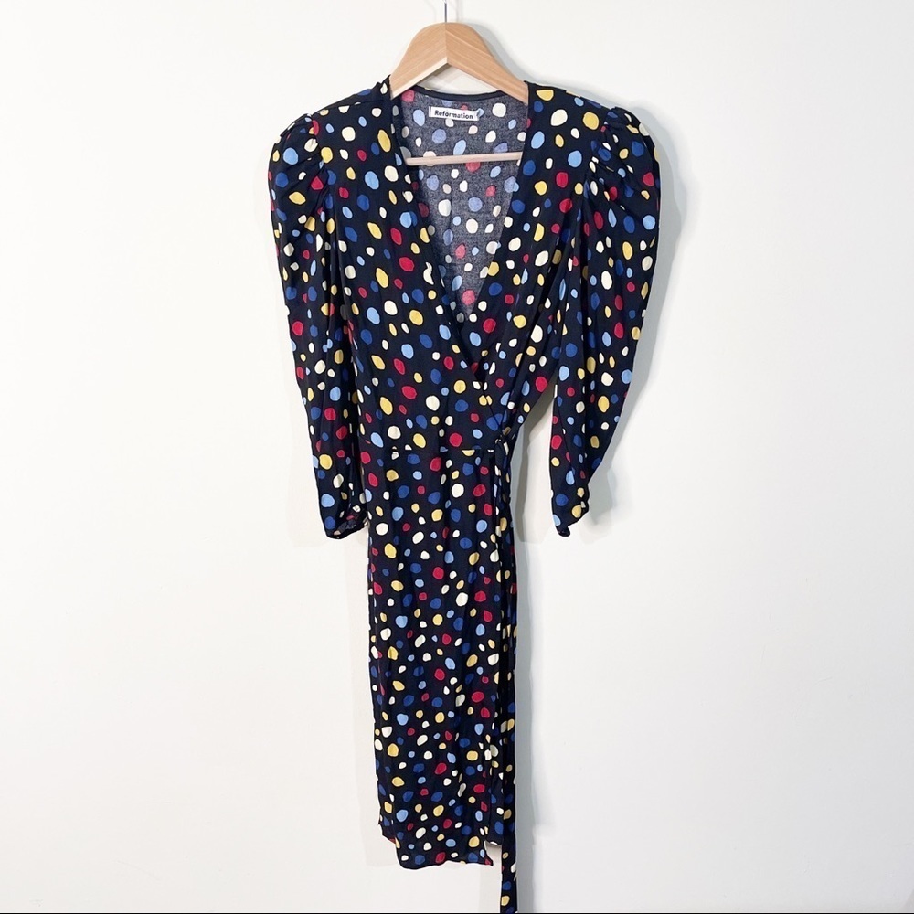 Reformation Black Polka Dots Fiesta Shoulder Pads Wrap Jaylee Dress Size Small - Picture 2 of 8